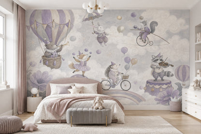 Hot Air Balloon Circus Animals Wallpaper Watercolor Texture Wall Mural
