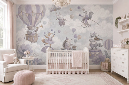 Hot Air Balloon Circus Animals Wallpaper Watercolor Texture Wall Mural