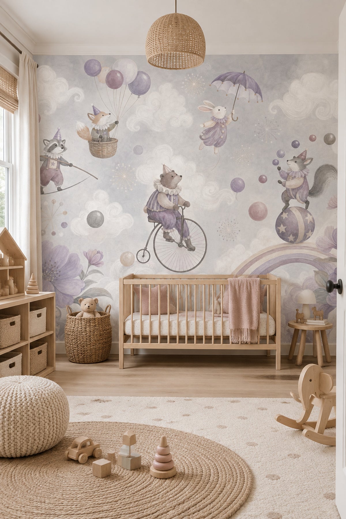 Watercolor Circus Animals Wallpaper Cloudy Sky Wall Mural