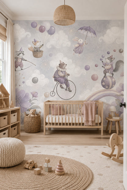 Watercolor Circus Animals Wallpaper Cloudy Sky Wall Mural