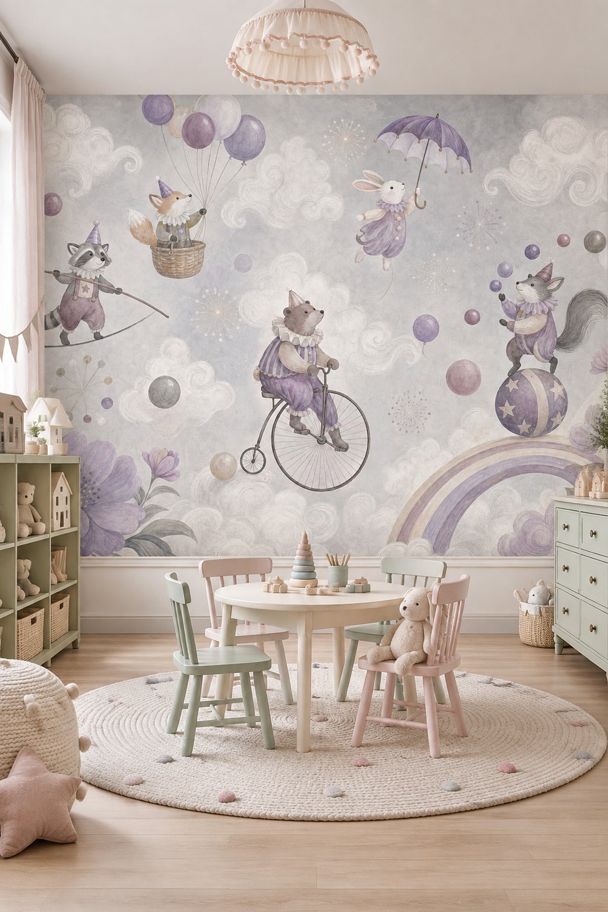 Watercolor Circus Animals Wallpaper Cloudy Sky Wall Mural
