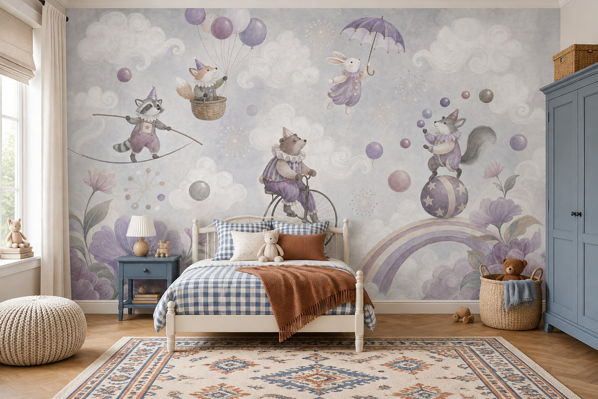 Watercolor Circus Animals Wallpaper Cloudy Sky Wall Mural