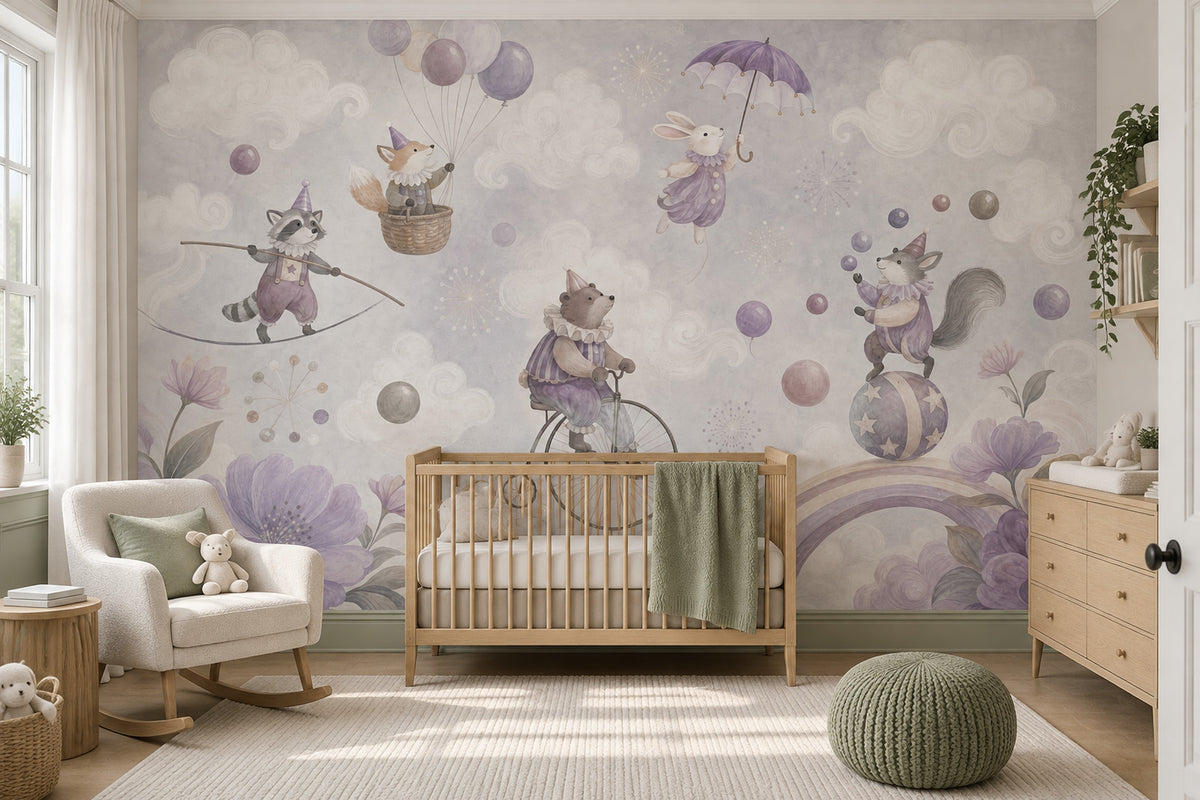 Watercolor Circus Animals Wallpaper Cloudy Sky Wall Mural
