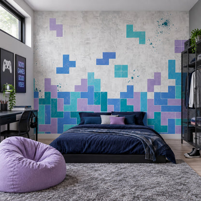 Geometric Blocks Wallpaper Teal Blue Abstract Wall Mural