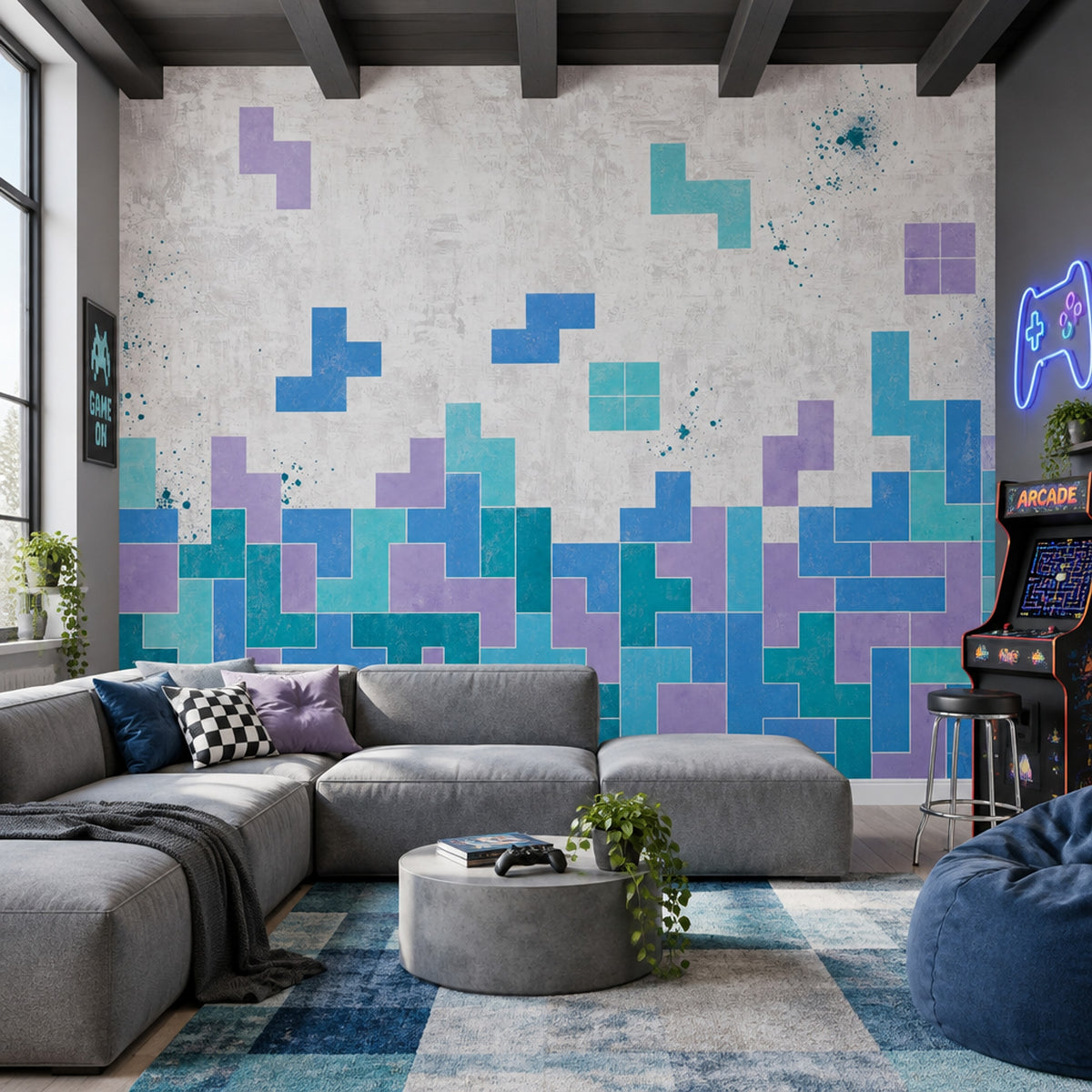 Geometric Blocks Wallpaper Teal Blue Abstract Wall Mural