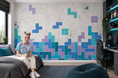 Geometric Blocks Wallpaper Teal Blue Abstract Wall Mural