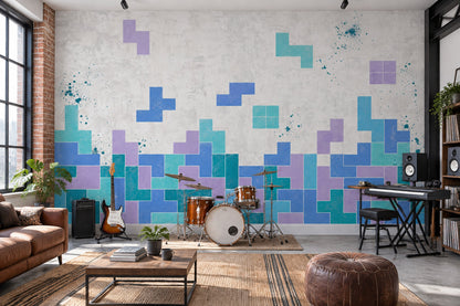 Geometric Blocks Wallpaper Teal Blue Abstract Wall Mural