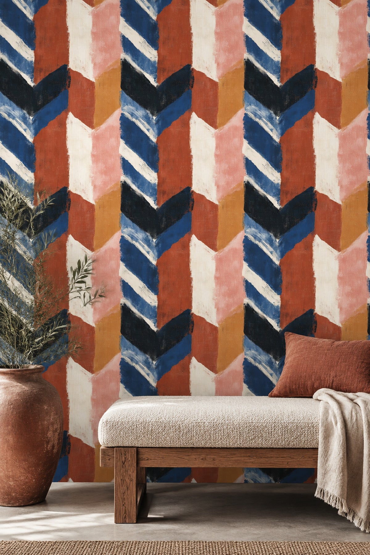 Abstract Brushstroke Wallpaper Dark Navy Rust Blocks