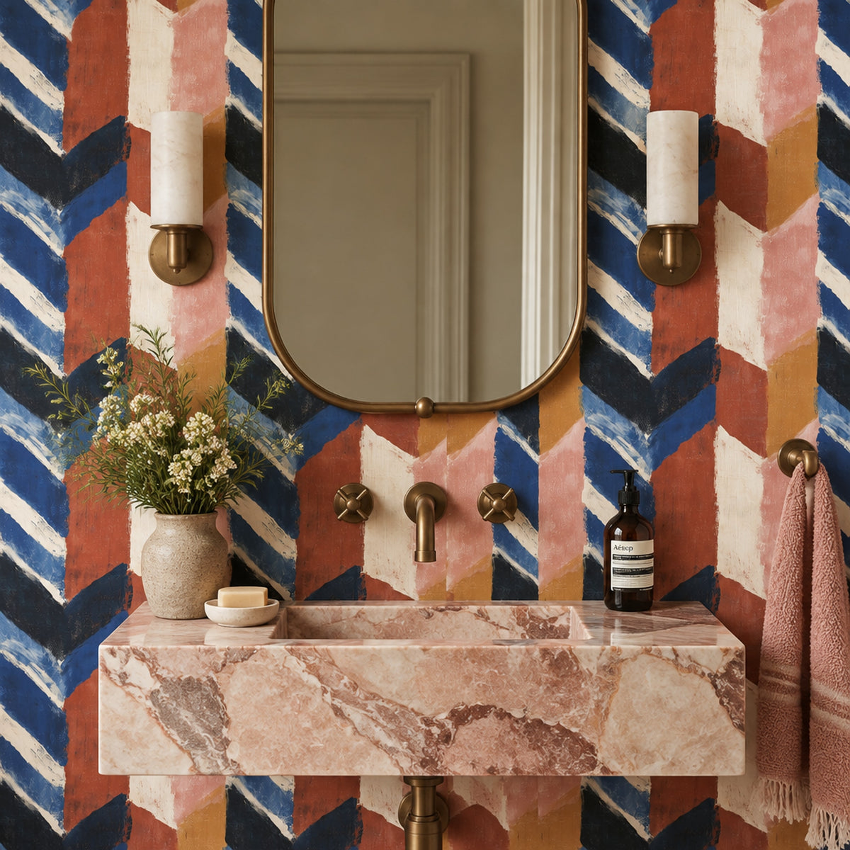 Abstract Brushstroke Wallpaper Dark Navy Rust Blocks