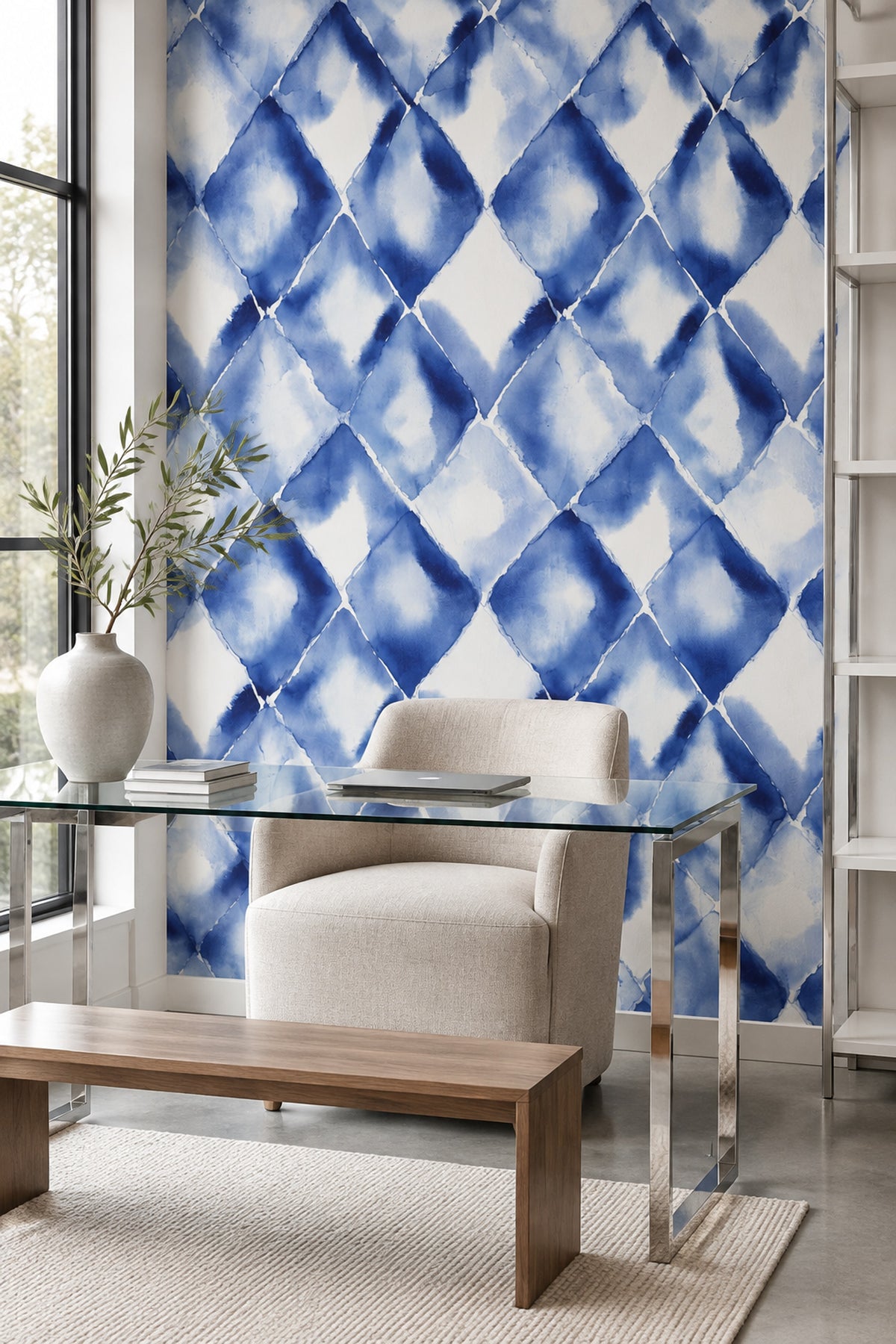 Abstract Watercolor Blocks Wallpaper Blue Indigo Pattern