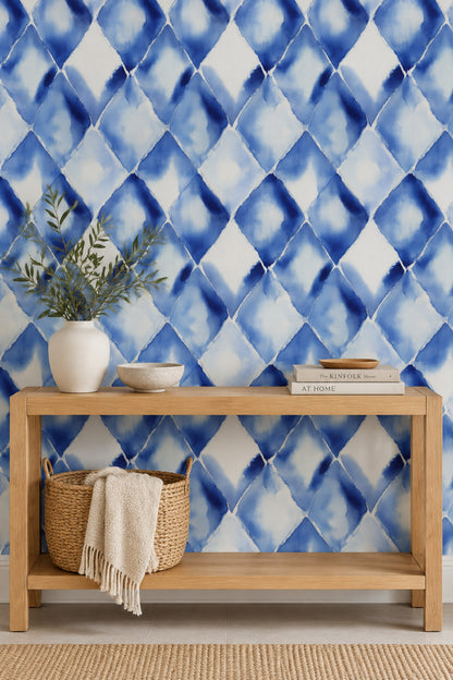 Abstract Watercolor Blocks Wallpaper Blue Indigo Pattern