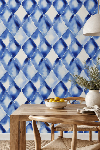 Abstract Watercolor Blocks Wallpaper Blue Indigo Pattern