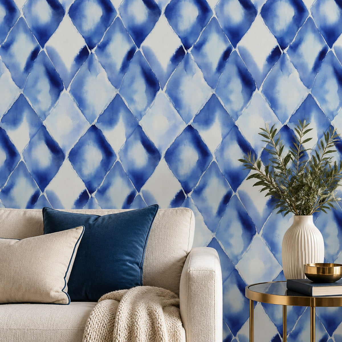 Abstract Watercolor Blocks Wallpaper Blue Indigo Pattern