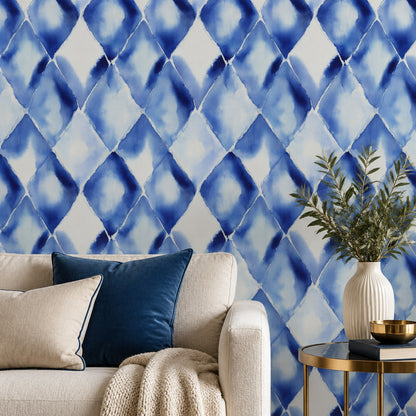 Abstract Watercolor Blocks Wallpaper Blue Indigo Pattern