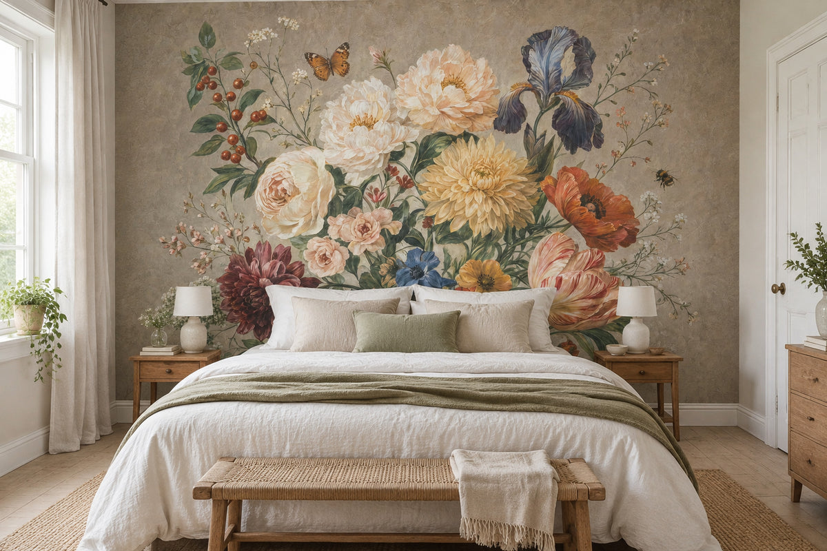 Vintage Garden Bouquet Wallpaper Beige Botanical Wall Mural