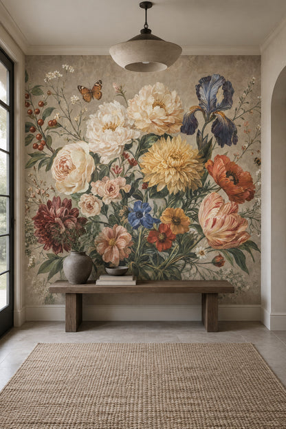 Vintage Garden Bouquet Wallpaper Beige Botanical Wall Mural