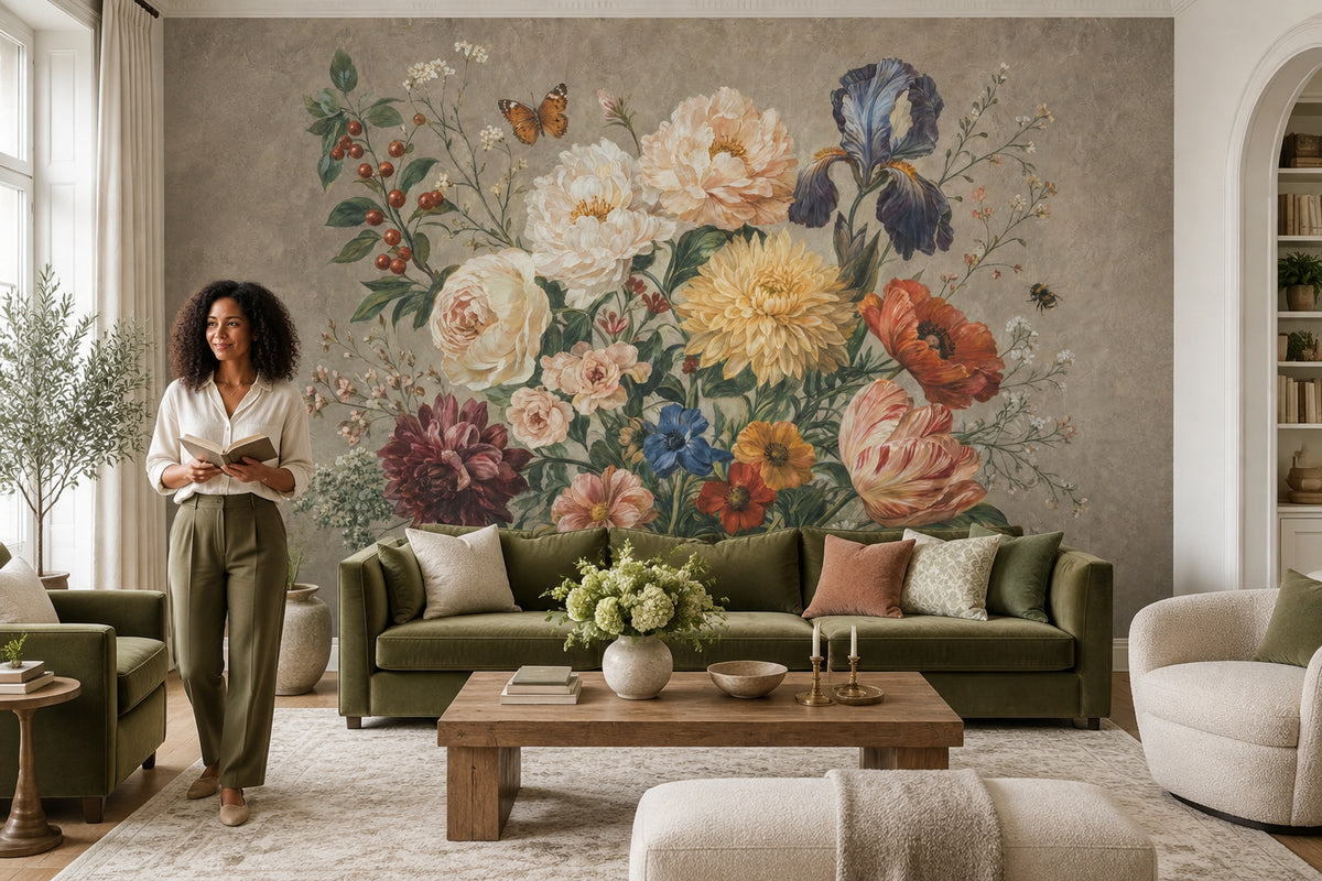 Vintage Garden Bouquet Wallpaper Beige Botanical Wall Mural