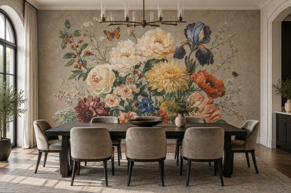 Vintage Garden Bouquet Wallpaper Beige Botanical Wall Mural