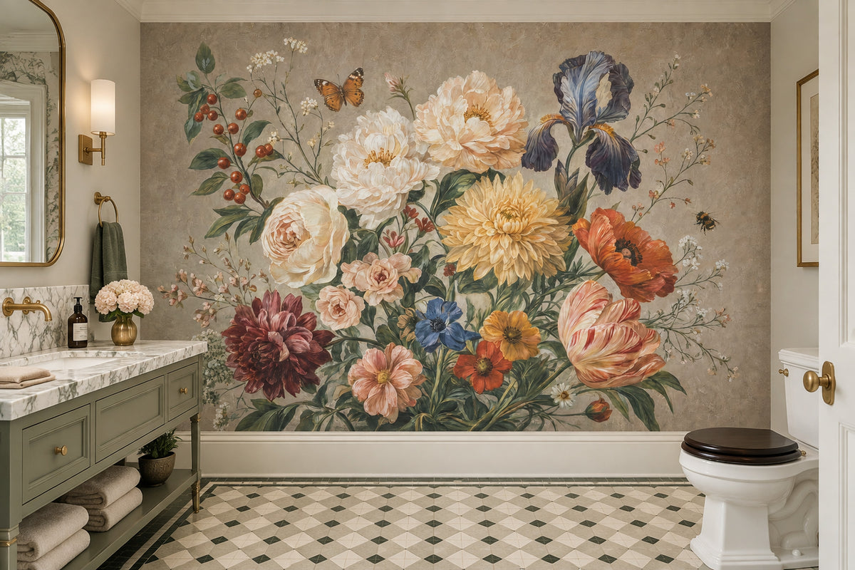 Vintage Garden Bouquet Wallpaper Beige Botanical Wall Mural