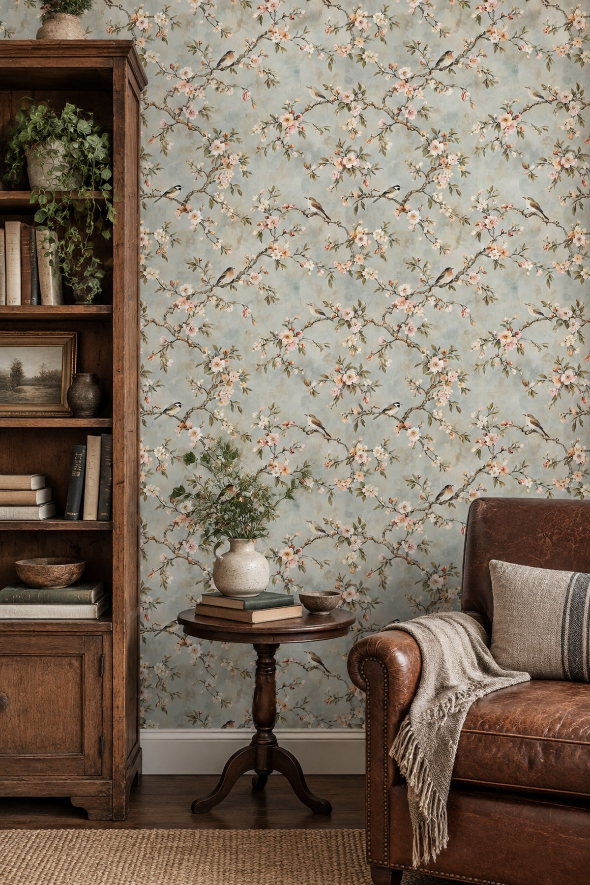 Cherry Blossoms And Birds Wallpaper Chinoiserie Garden In Light Blue