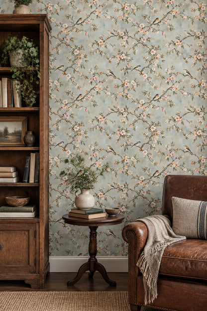 Cherry Blossoms And Birds Wallpaper Chinoiserie Garden In Light Blue