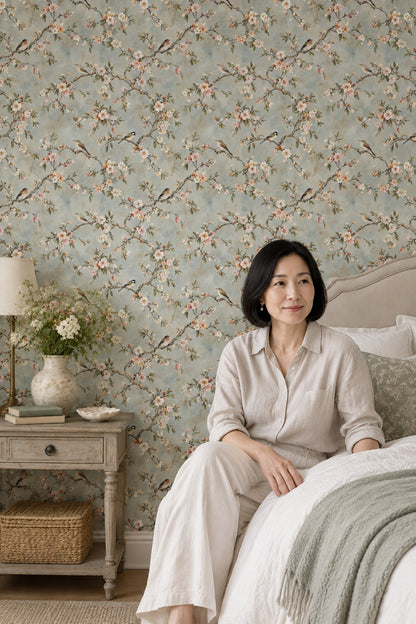 Cherry Blossoms And Birds Wallpaper Chinoiserie Garden In Light Blue