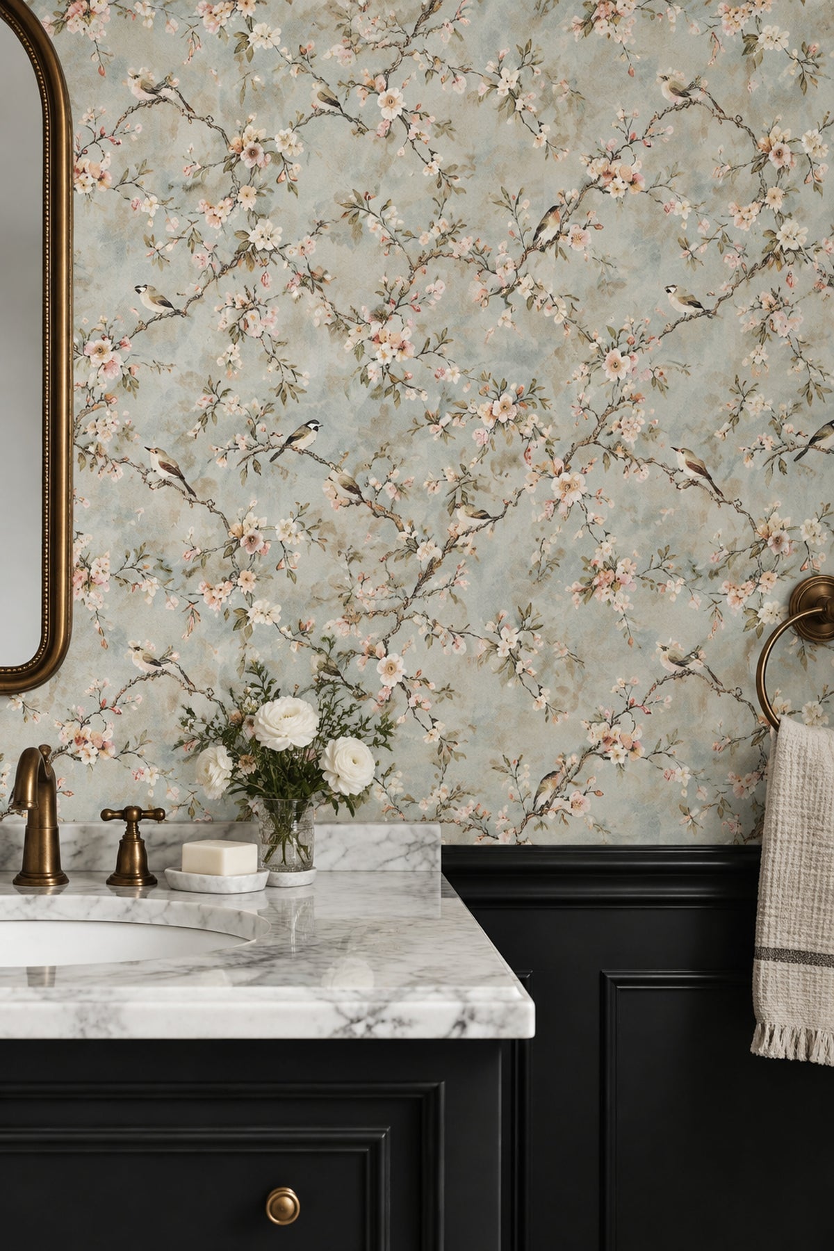 Cherry Blossoms And Birds Wallpaper Chinoiserie Garden In Light Blue