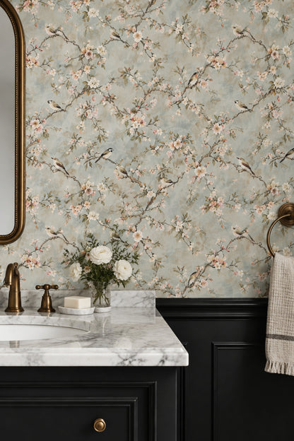 Cherry Blossoms And Birds Wallpaper Chinoiserie Garden In Light Blue