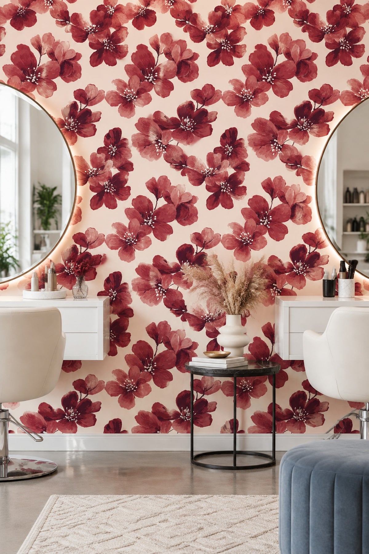 Large Red Flowers Wallpaper Cream Background