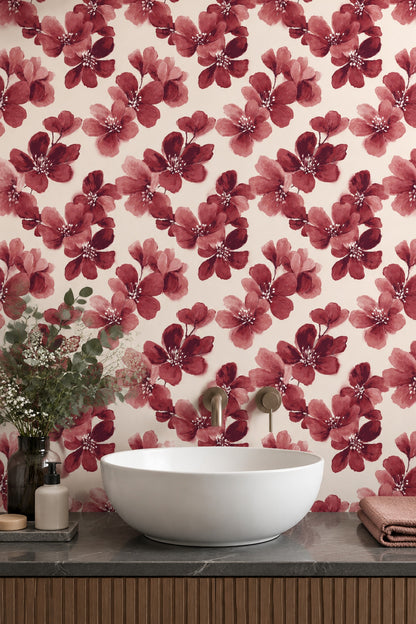 Large Red Flowers Wallpaper Cream Background
