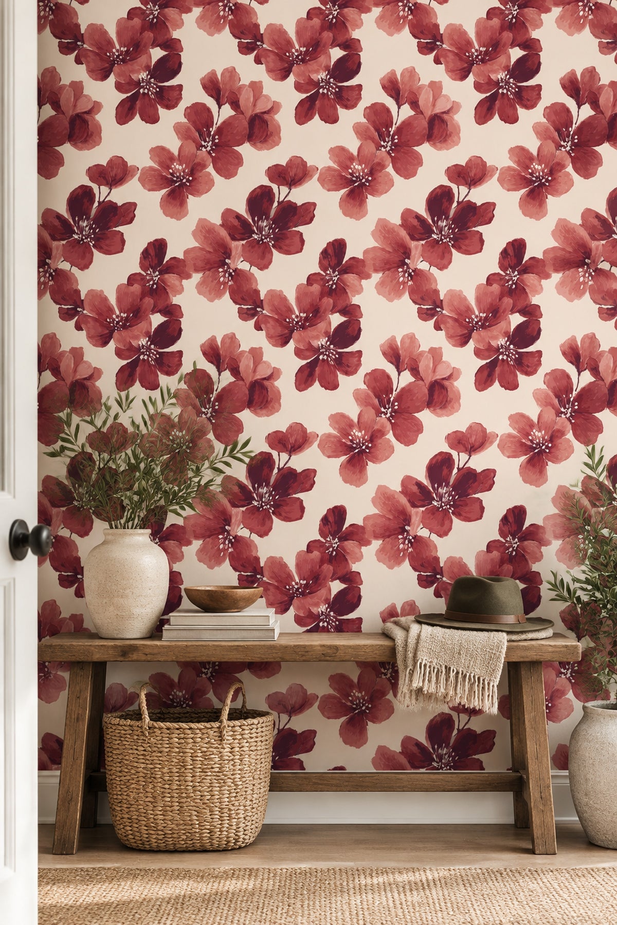 Large Red Flowers Wallpaper Cream Background