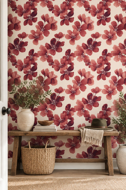 Large Red Flowers Wallpaper Cream Background