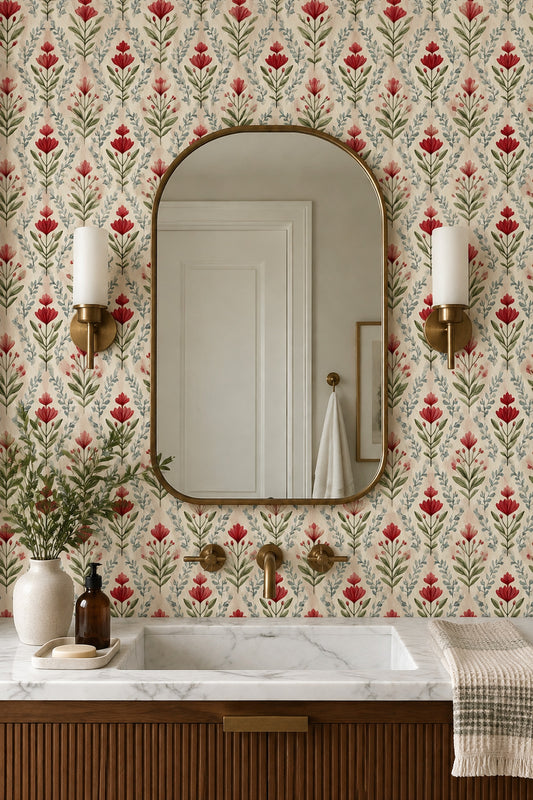 Red Flower Wallpaper Watercolor Botanical On Cream Background