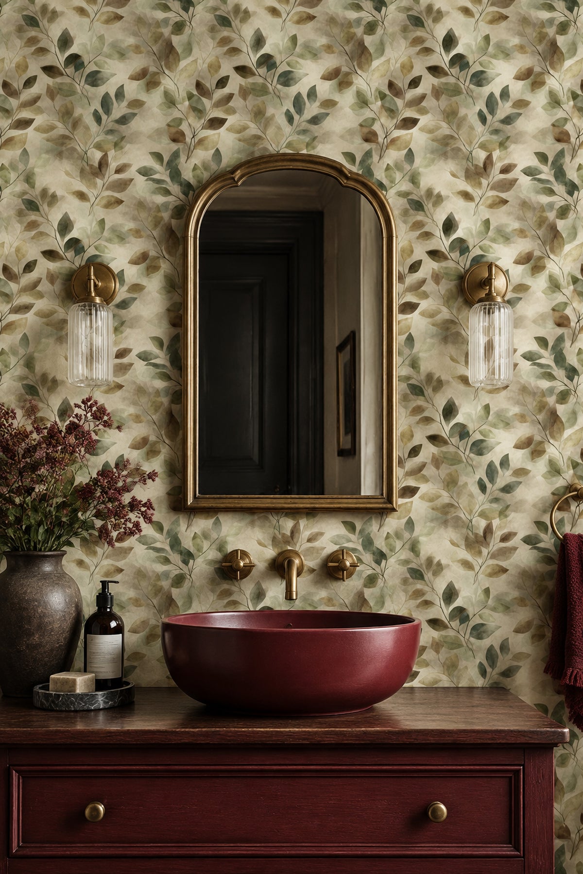 Leaf Branches Wallpaper Watercolor Sage Green On Cream