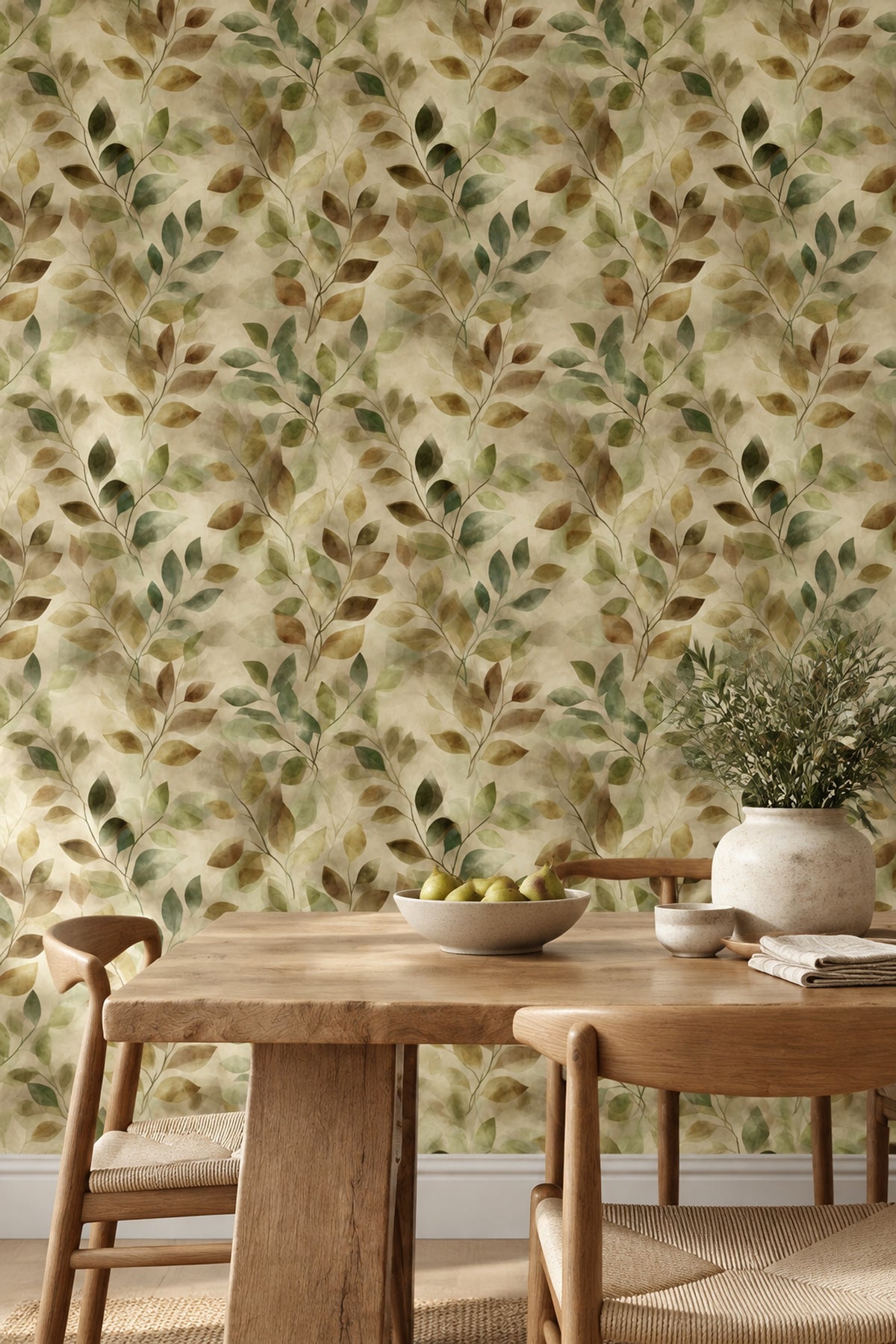 Leaf Branches Wallpaper Watercolor Sage Green On Cream