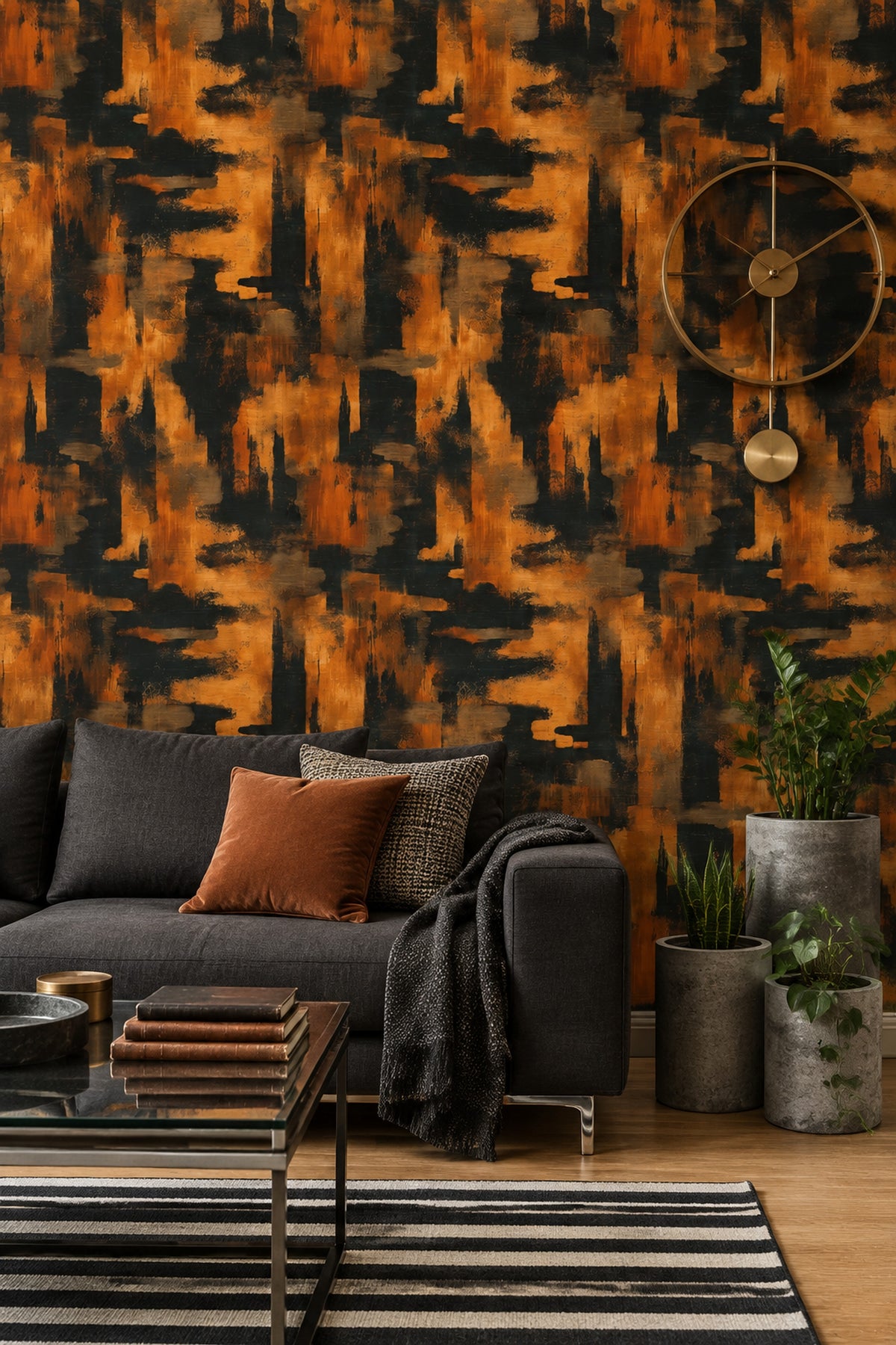 Abstract Geometric Blocks Wallpaper Black Burnt Orange Textured