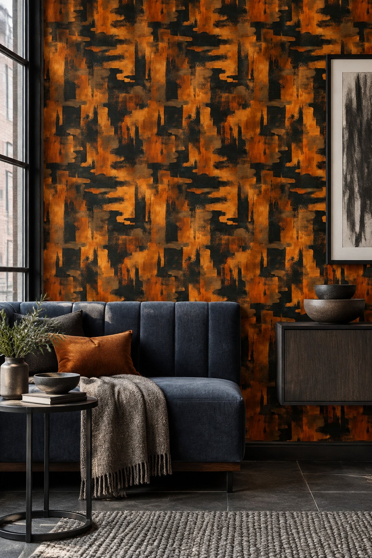 Abstract Geometric Blocks Wallpaper Black Burnt Orange Textured