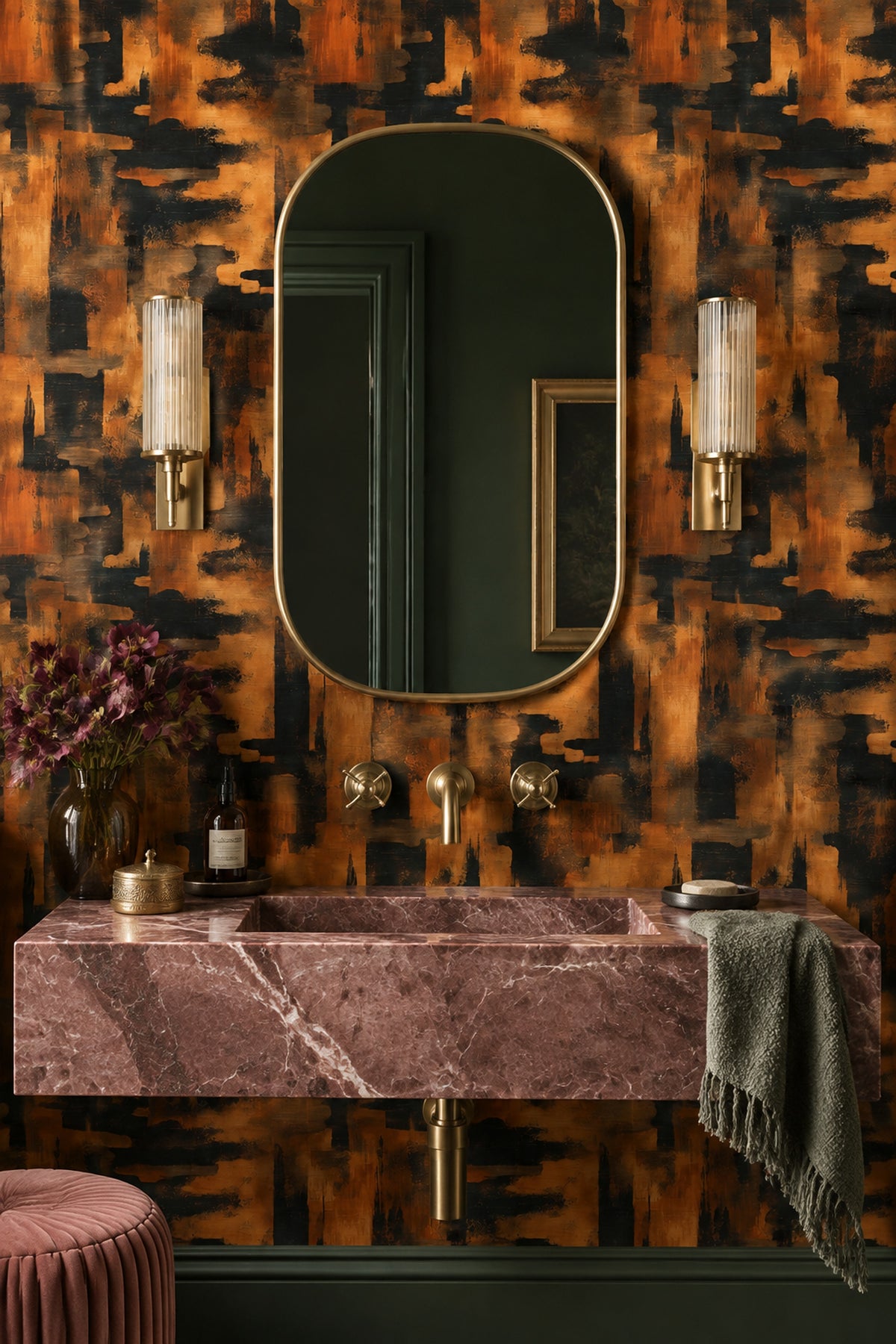 Abstract Geometric Blocks Wallpaper Black Burnt Orange Textured