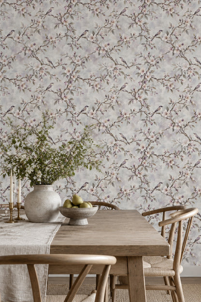 Cherry Blossom Birds Wallpaper Watercolor Branches Soft Gray