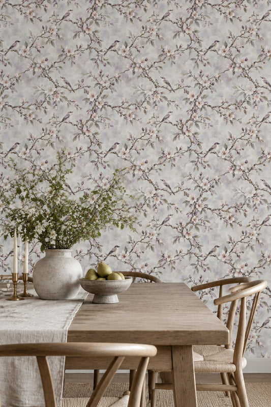 Cherry Blossom Birds Wallpaper Watercolor Branches Soft Gray