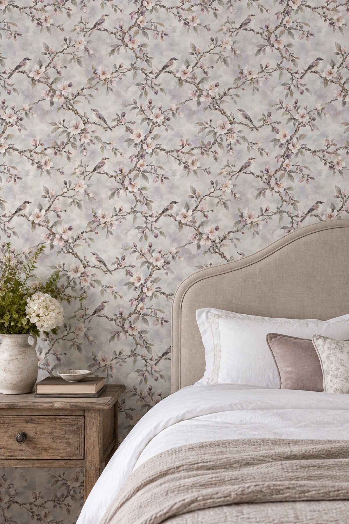 Cherry Blossom Birds Wallpaper Watercolor Branches Soft Gray