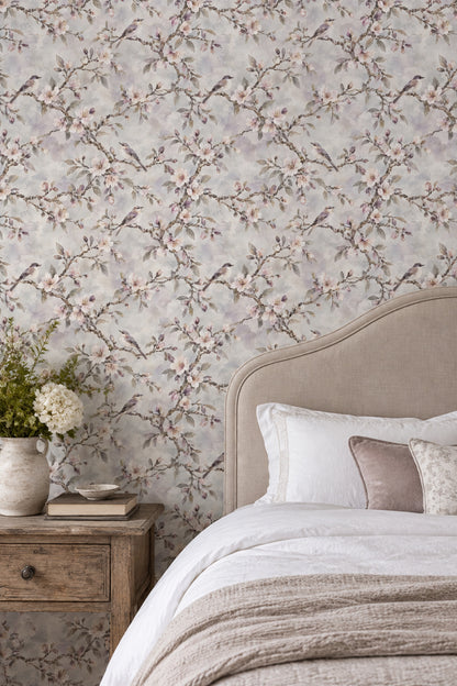Cherry Blossom Birds Wallpaper Watercolor Branches Soft Gray