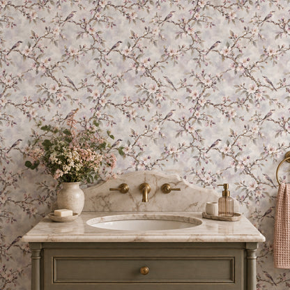 Cherry Blossom Birds Wallpaper Watercolor Branches Soft Gray