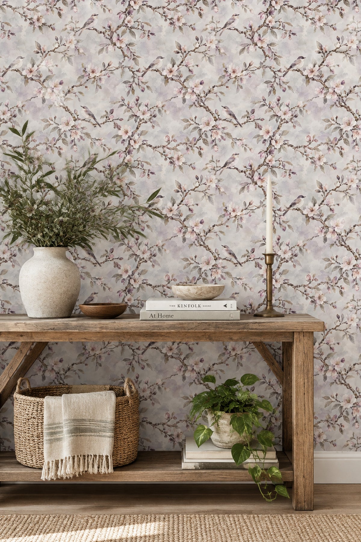 Cherry Blossom Birds Wallpaper Watercolor Branches Soft Gray