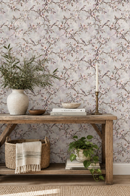 Cherry Blossom Birds Wallpaper Watercolor Branches Soft Gray