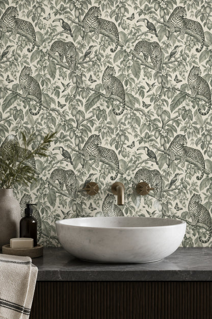 Jaguar And Toucan Wallpaper Vintage Tropical Toile In Sage Green