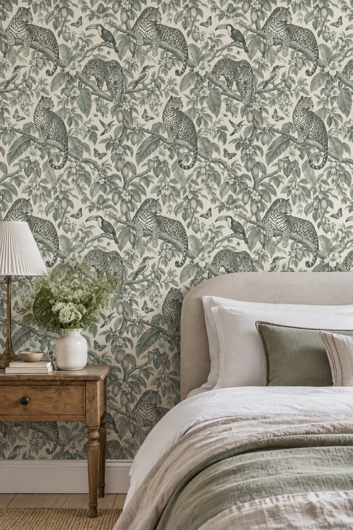 Jaguar And Toucan Wallpaper Vintage Tropical Toile In Sage Green
