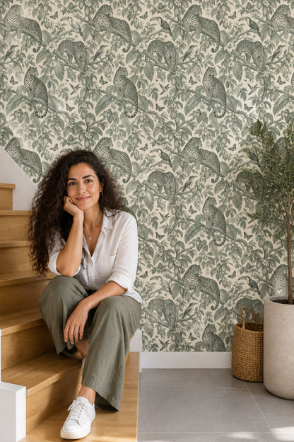 Jaguar And Toucan Wallpaper Vintage Tropical Toile In Sage Green
