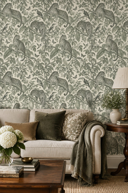 Jaguar And Toucan Wallpaper Vintage Tropical Toile In Sage Green