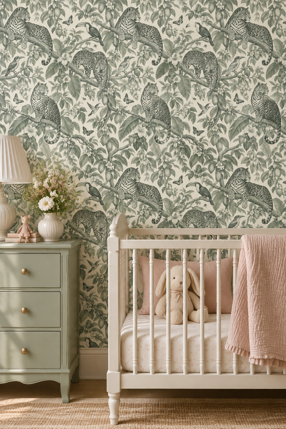 Jaguar And Toucan Wallpaper Vintage Tropical Toile In Sage Green